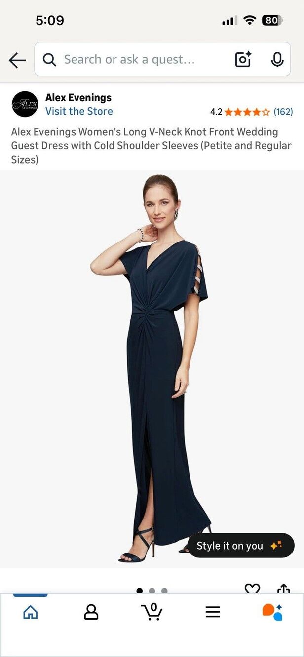 NEW Alex Evenings Navy Solid V-Neck Cold Shoulder Short Sleeve Maxi Dress Sz 8 - Picture 5 of 6